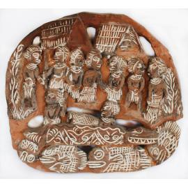 Wooden carved story board, Villagers hunting for food