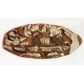 Wooden carved story board, Crocodile and bird fight
